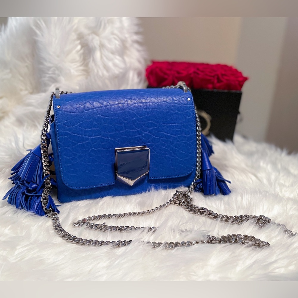 Jimmy Choo Blue Leather Tassels Lockett Petite City Shoulder Bag